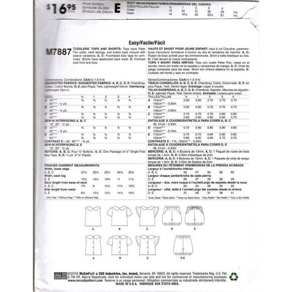 McCall's M7887 Toddler Girls 1/2 to 4 Shorts and Tops Uncut Learn to Sew Pattern - Picture 2 of 2